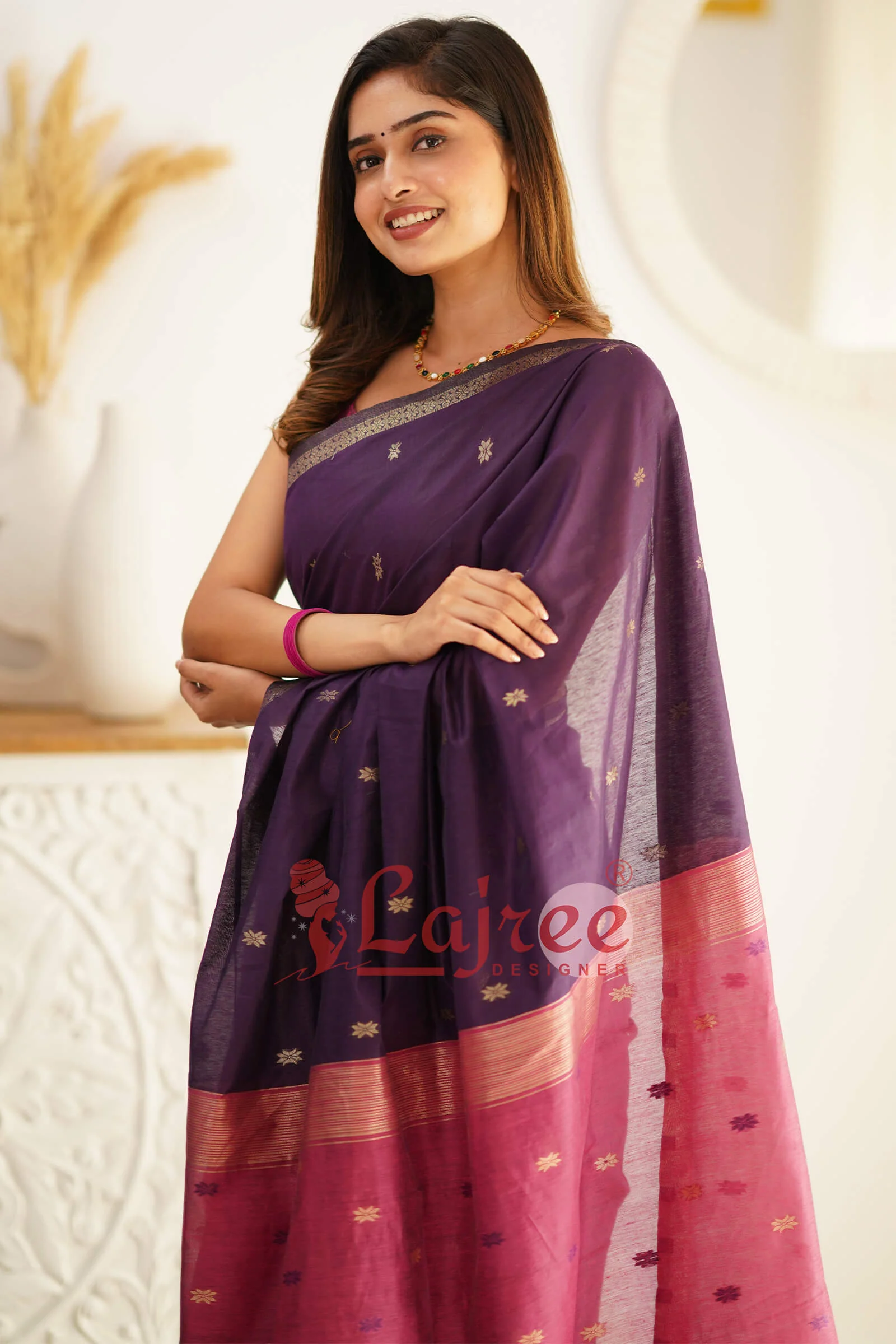 Flattering Purple Cotton Silk Saree With Extraordinary Blouse Piece - Image 5