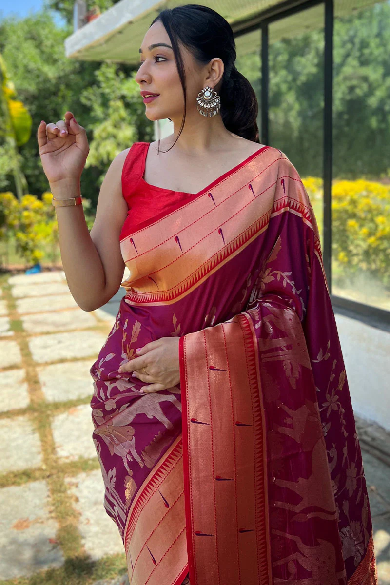 Flattering Purple Paithani Silk Saree With Elegant Blouse Piece - Image 2