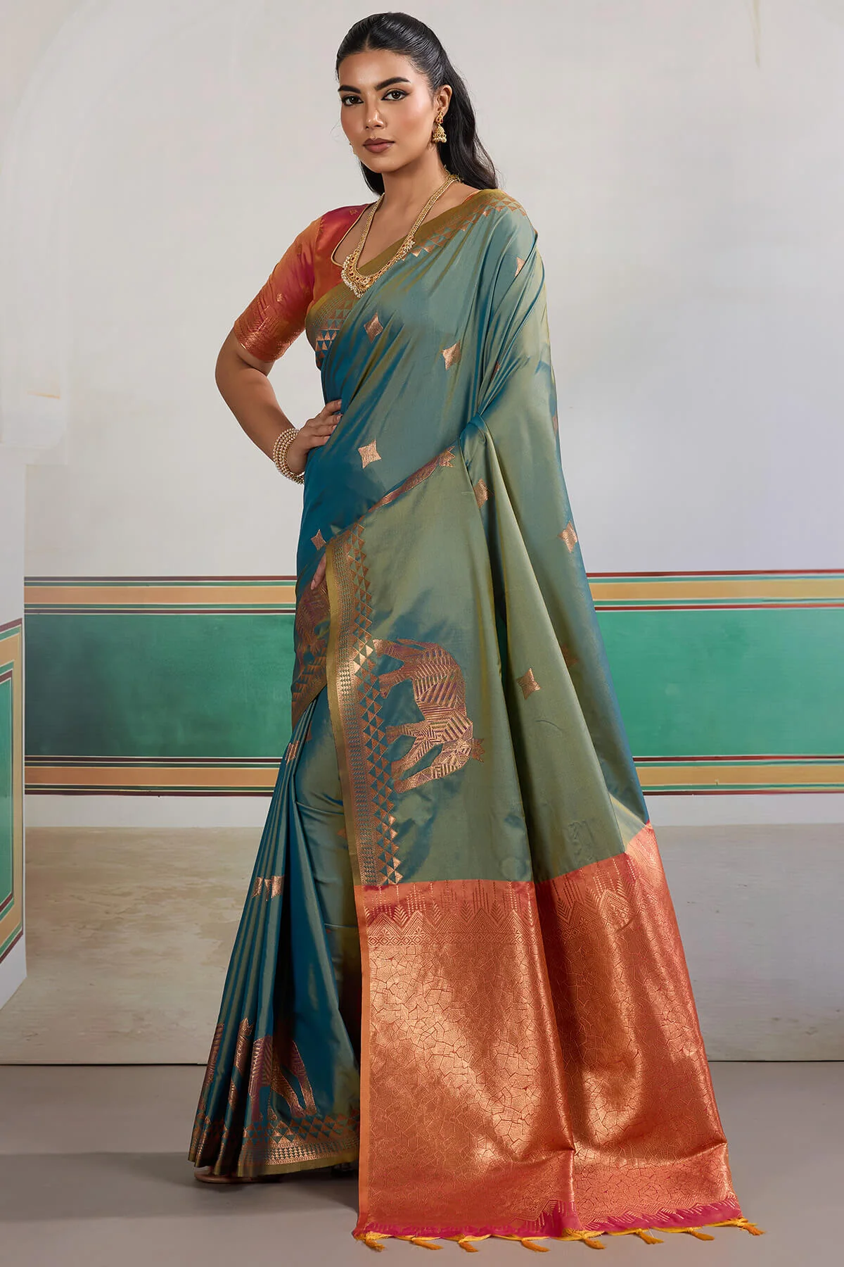 Flattering Rama Pure Zari Weaving Banarasi Silk Saree With Grandiose Blouse Piece - Image 4