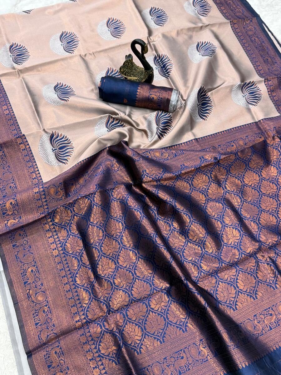 Flaunt Beige and Blue Soft Silk Saree With Dissemble Blouse Piece - Image 3