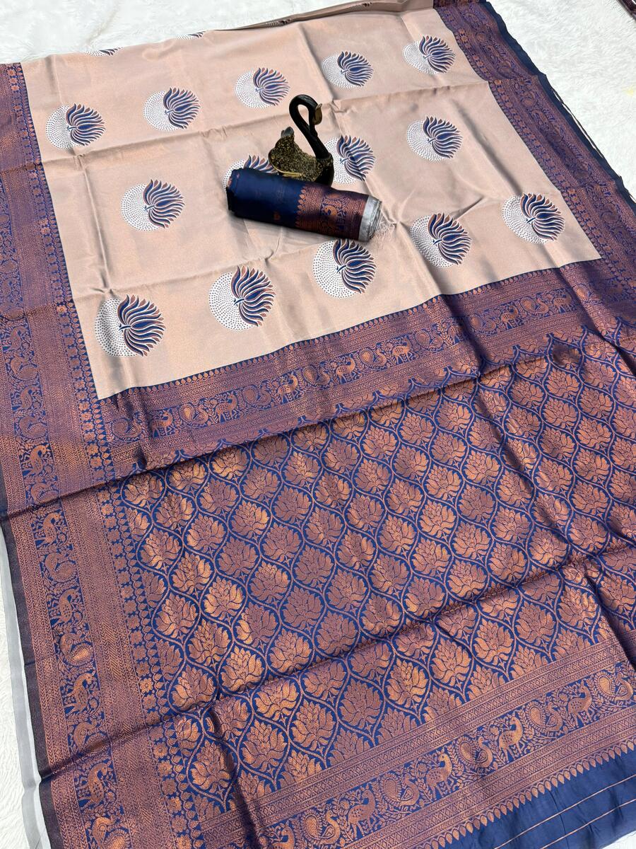 Flaunt Beige and Blue Soft Silk Saree With Dissemble Blouse Piece - Image 6