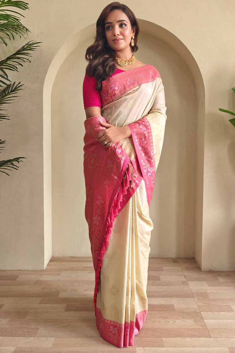 Flaunt Beige Soft Banarasi Silk Saree With Wonderful Blouse Piece - Image 2