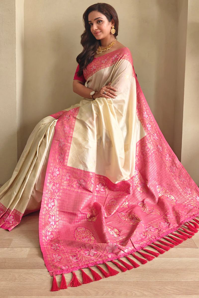 Flaunt Beige Soft Banarasi Silk Saree With Wonderful Blouse Piece - Image 4