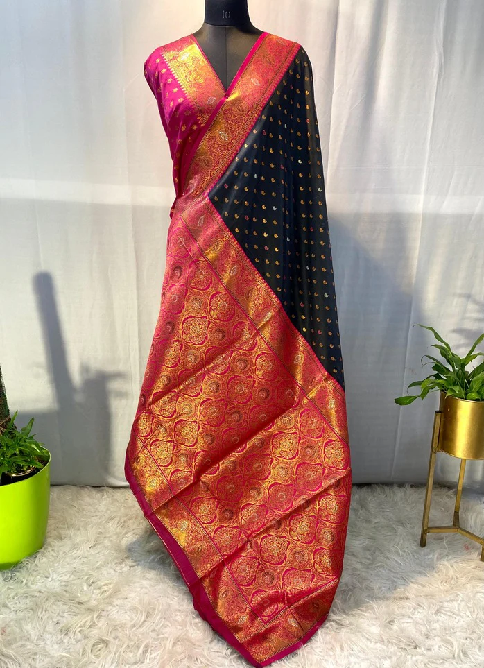 Flaunt Black Soft Banarasi Silk Saree With Capricious Blouse Piece - Image 3