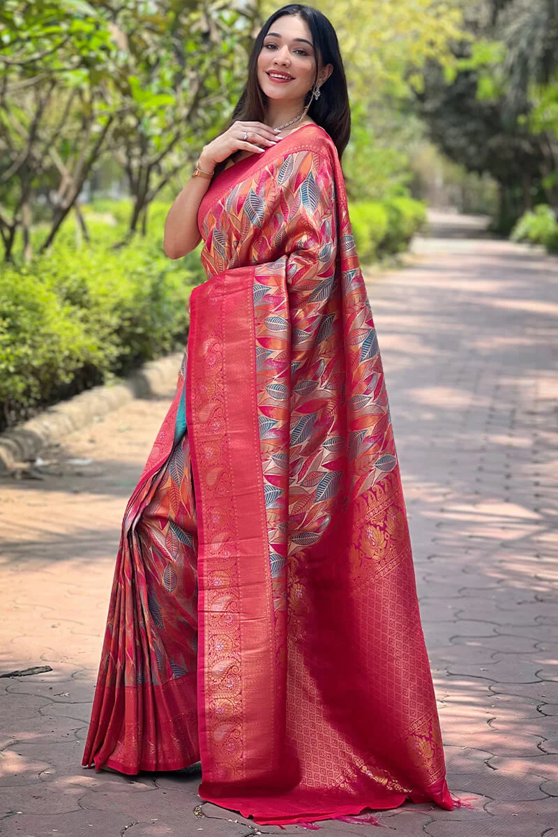 Flaunt Dark Pink Kanjivaram Silk Saree With Sizzling Blouse Piece - Image 3
