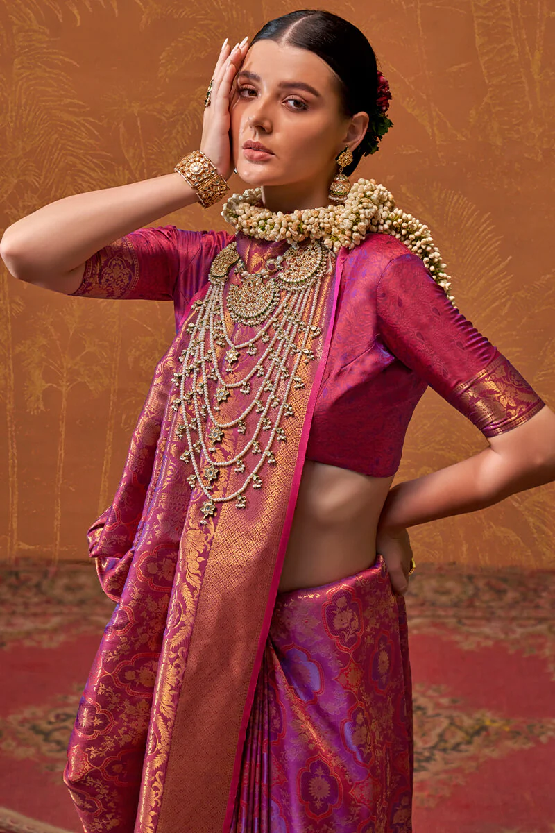 Flaunt Purple Kanjivaram Silk Saree With Sizzling Blouse Piece - Image 2