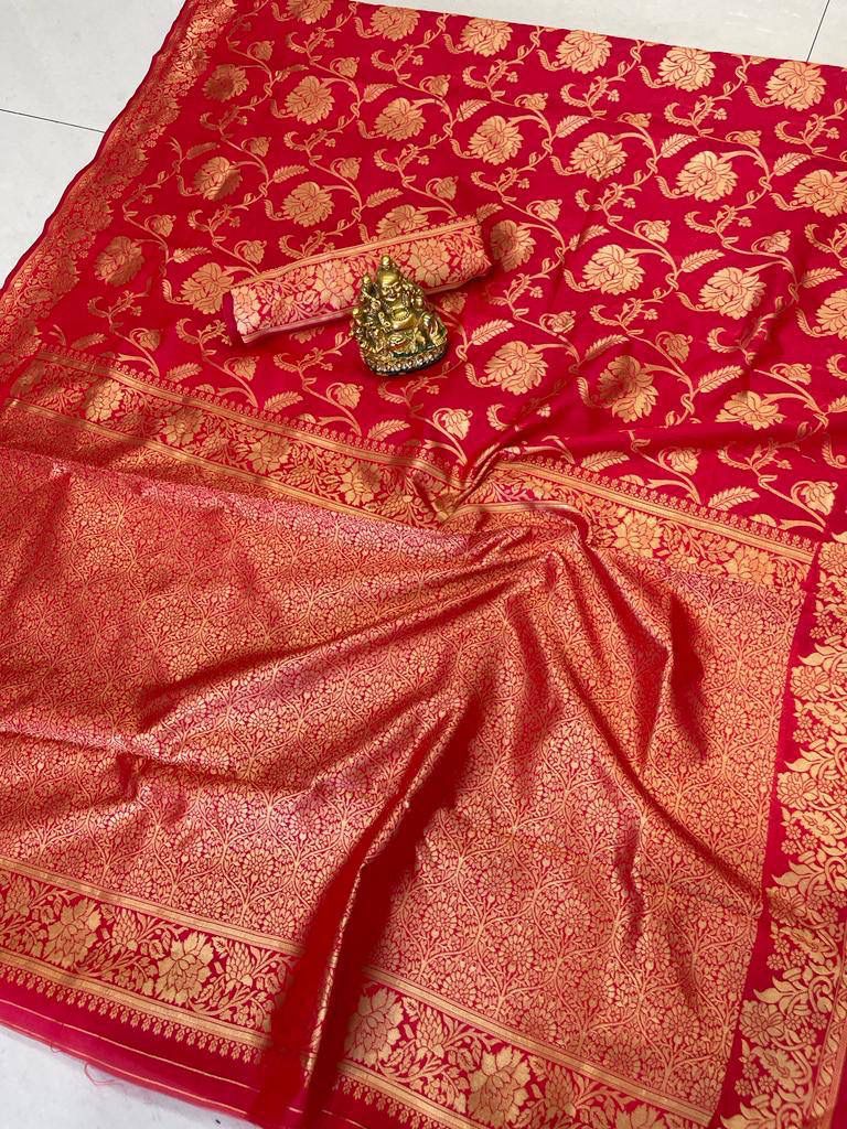Flaunt Red Soft Banarasi Silk Saree Gleaming Blouse Piece - Image 6
