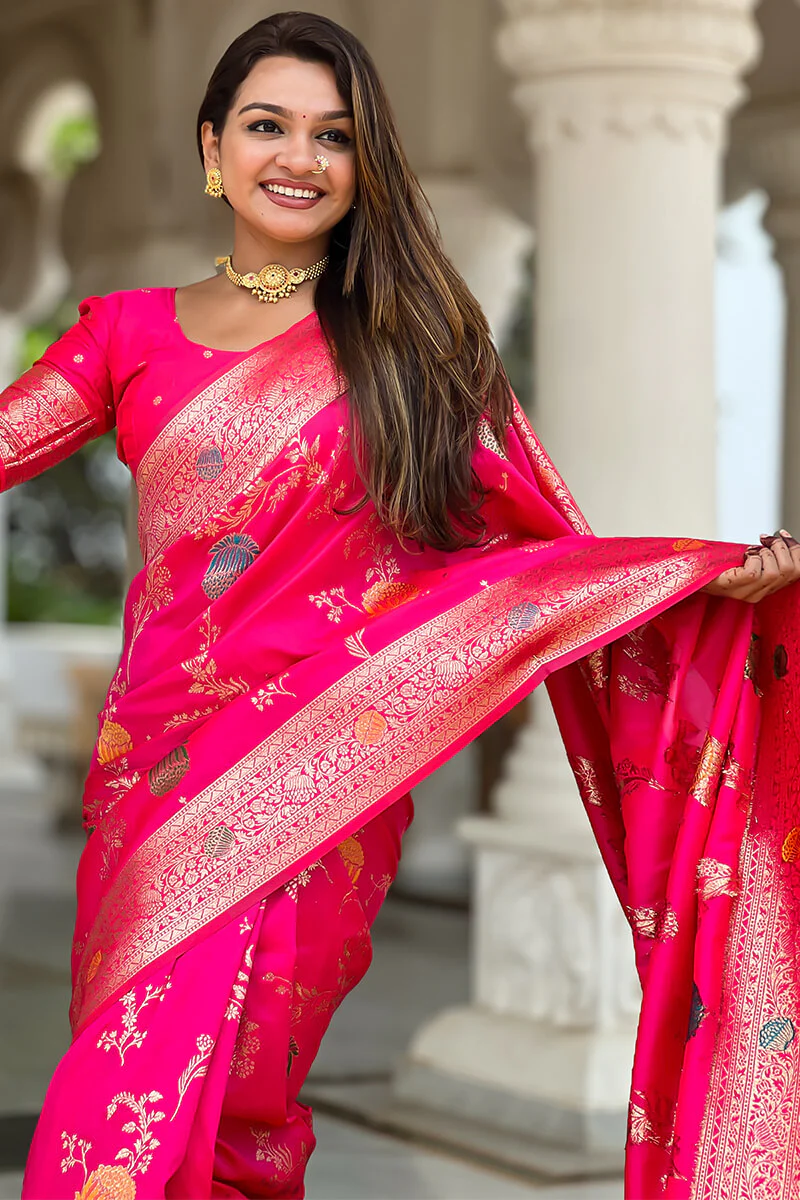 Forbearance Dark Pink Soft Banarasi Silk Saree With Redolent Blouse Piece - Image 4