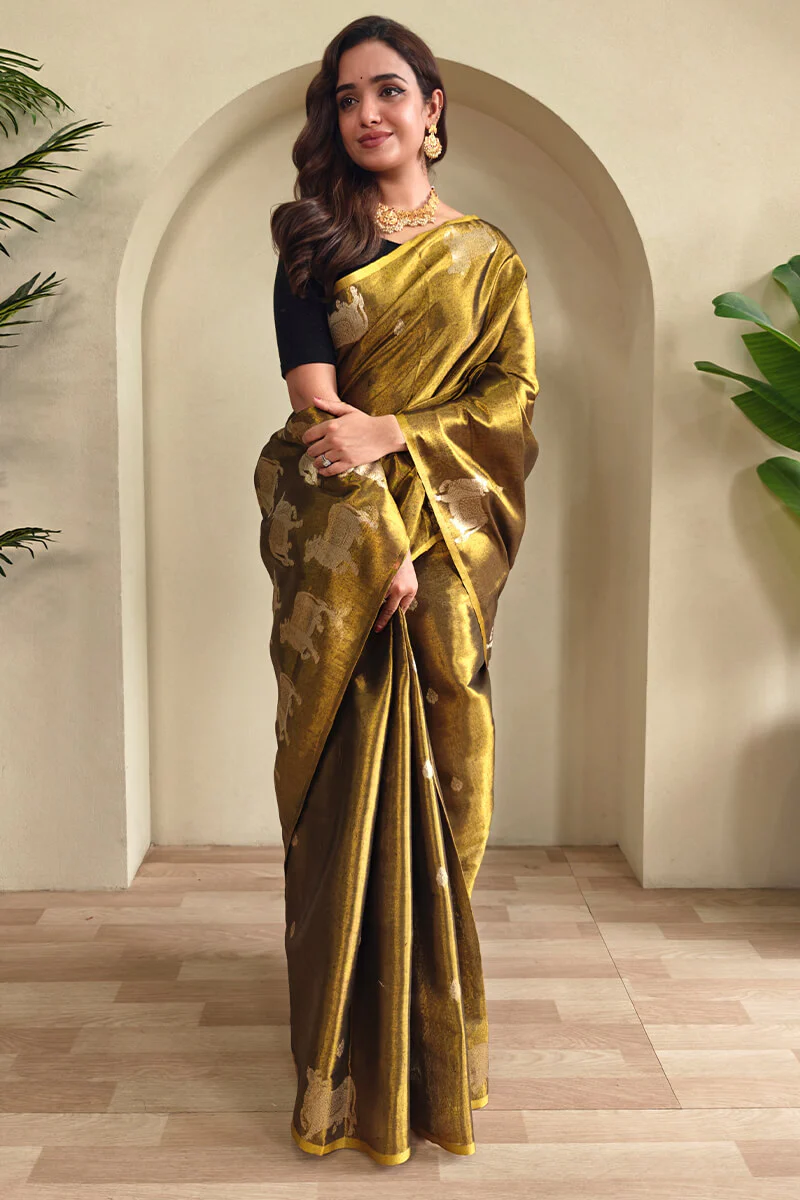 Forbearance Golden Soft Banarasi Tissue Silk Saree With Elegant Blouse Piece - Image 3