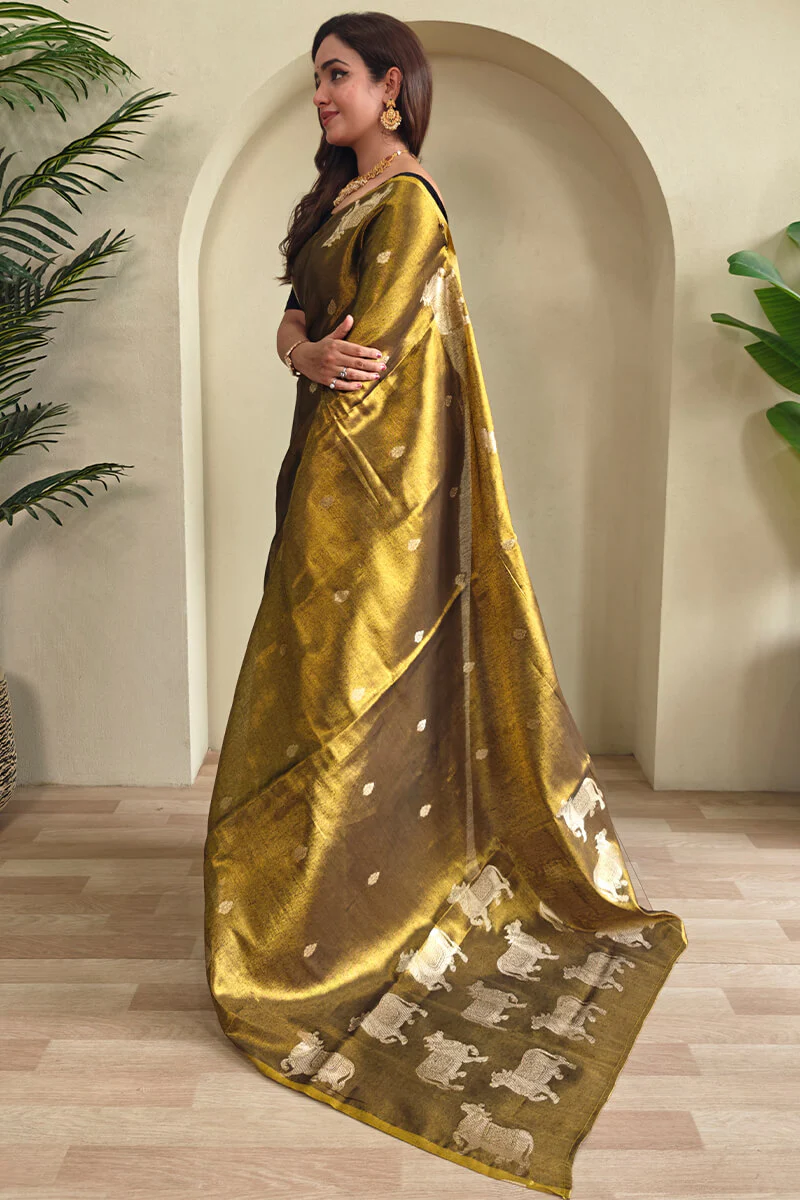 Forbearance Golden Soft Banarasi Tissue Silk Saree With Elegant Blouse Piece - Image 4