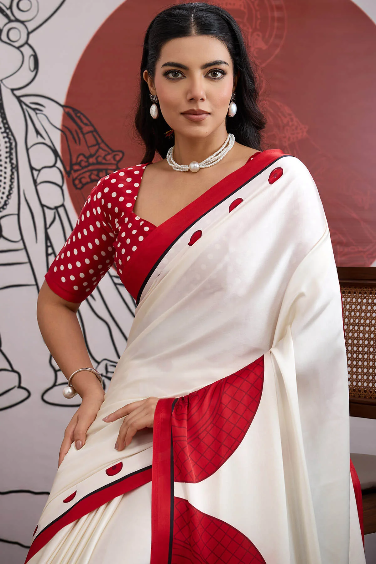 Forbearance Off White and Red Ajrakh Printed Satin Silk Saree With Moiety Blouse Piece - Image 2