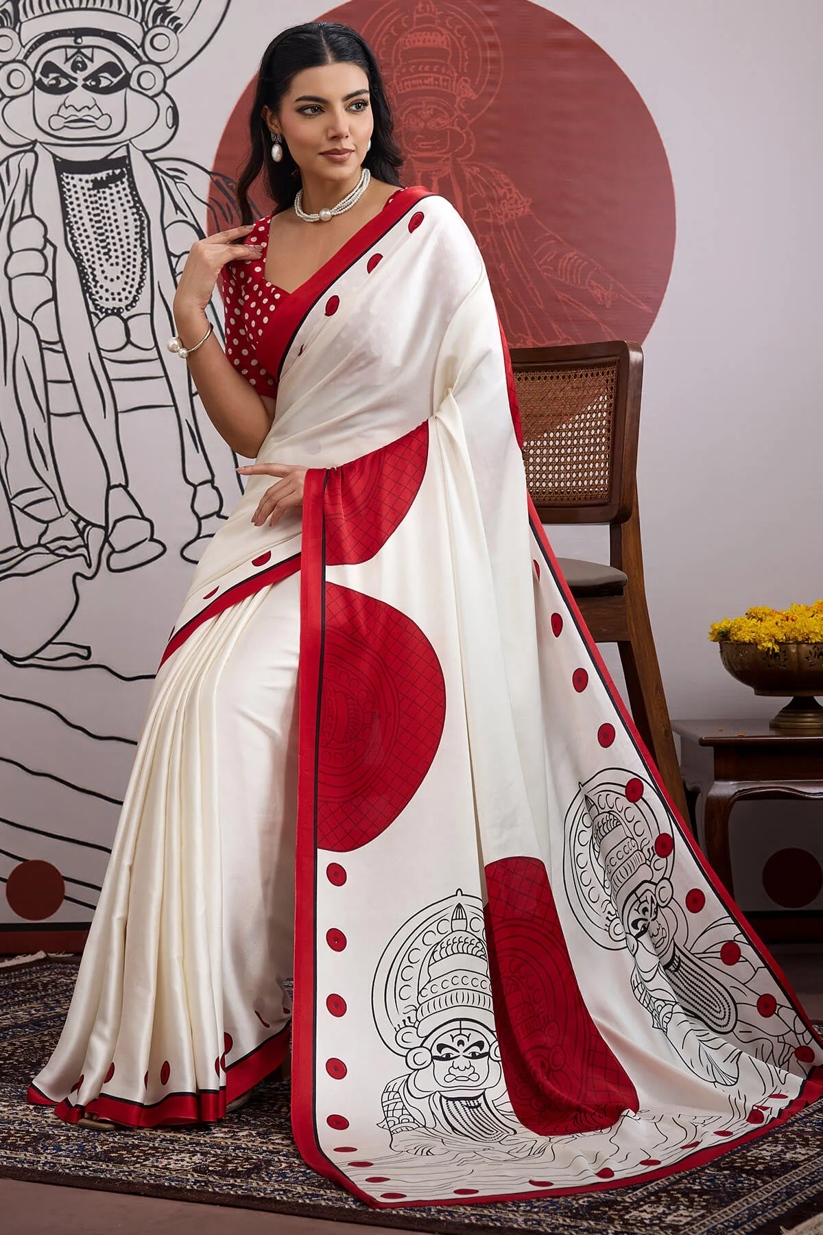 Forbearance Off White and Red Ajrakh Printed Satin Silk Saree With Moiety Blouse Piece - Image 5