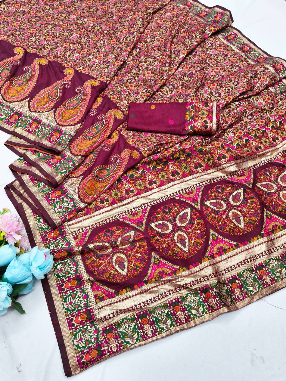 Forbearance Wine Nylon Dola Pashmina Saree With Prominent Blouse Piece - Image 2