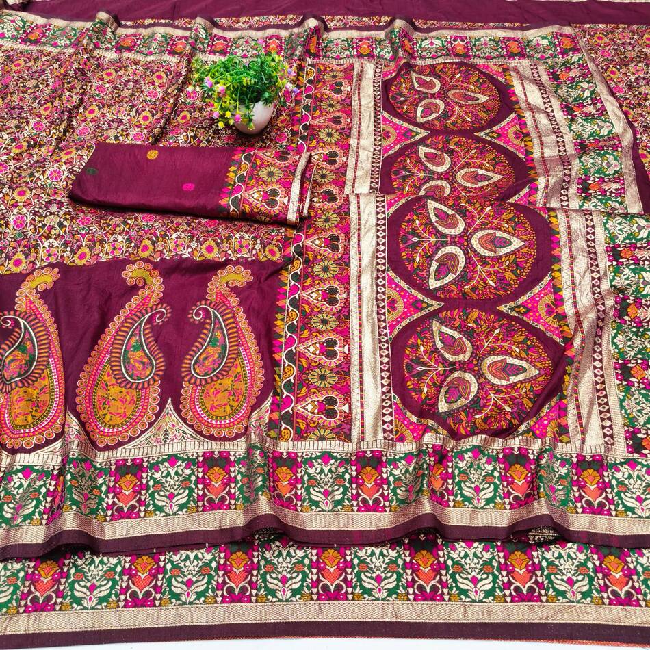Forbearance Wine Nylon Dola Pashmina Saree With Prominent Blouse Piece - Image 4