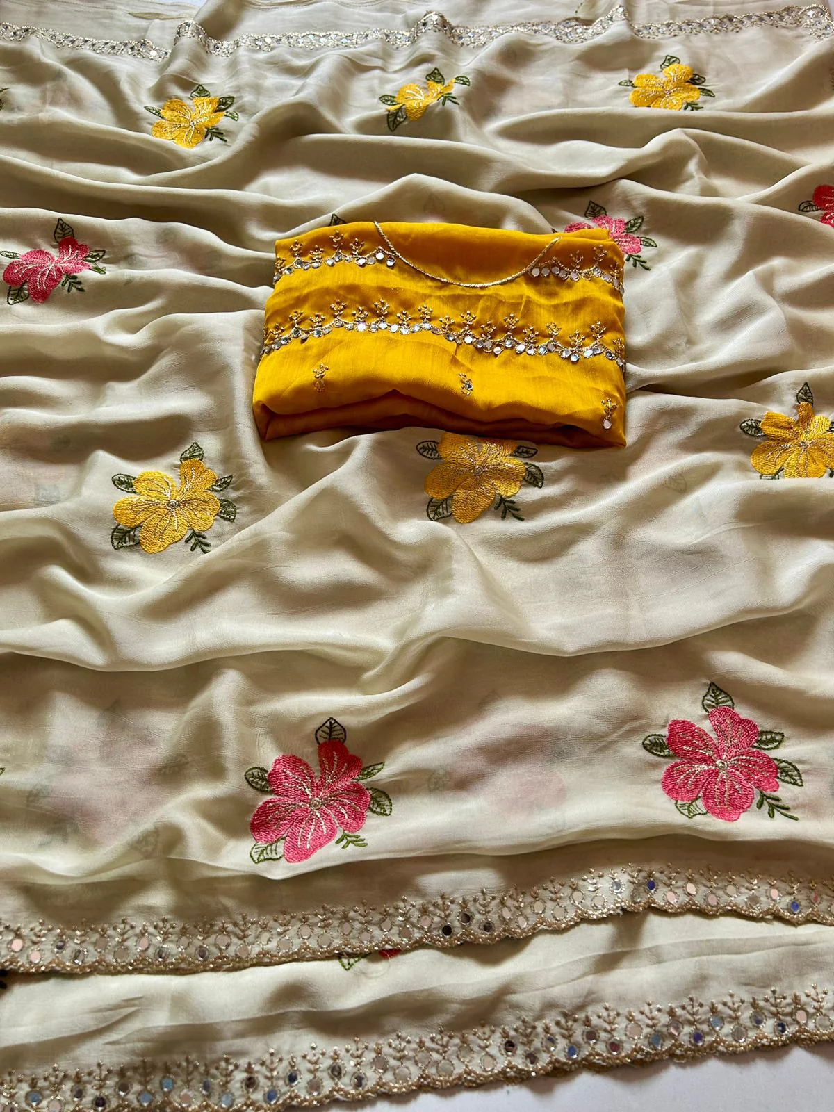 Fragrant Beige Embroidery Work Viscose Saree With Most Flattering Blouse Piece - Image 6