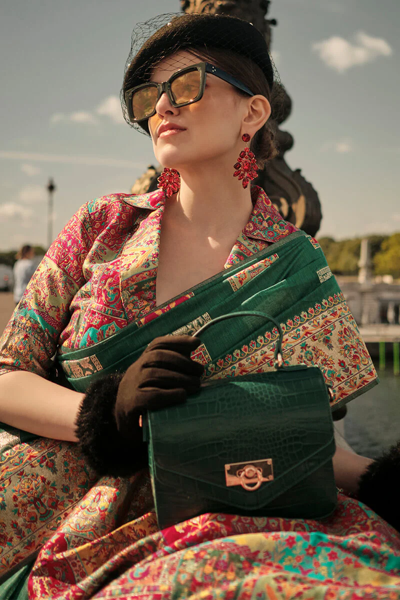Fragrant Dark Green Pashmina saree With Jubilant Blouse Piece - Image 2