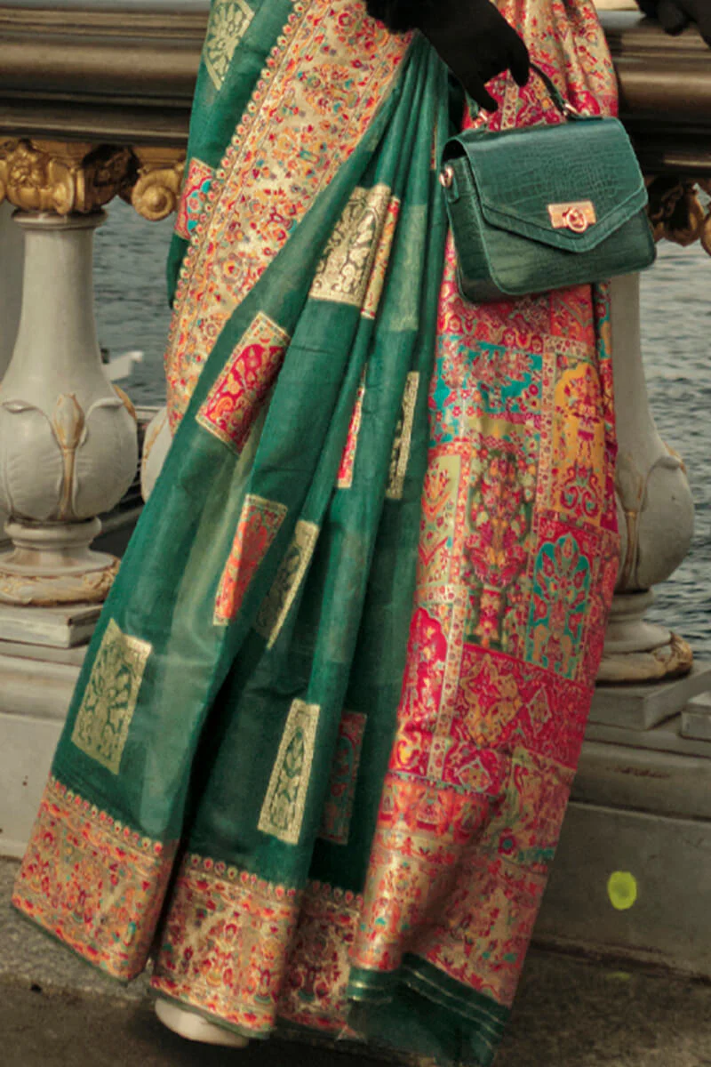Fragrant Dark Green Pashmina saree With Jubilant Blouse Piece - Image 3