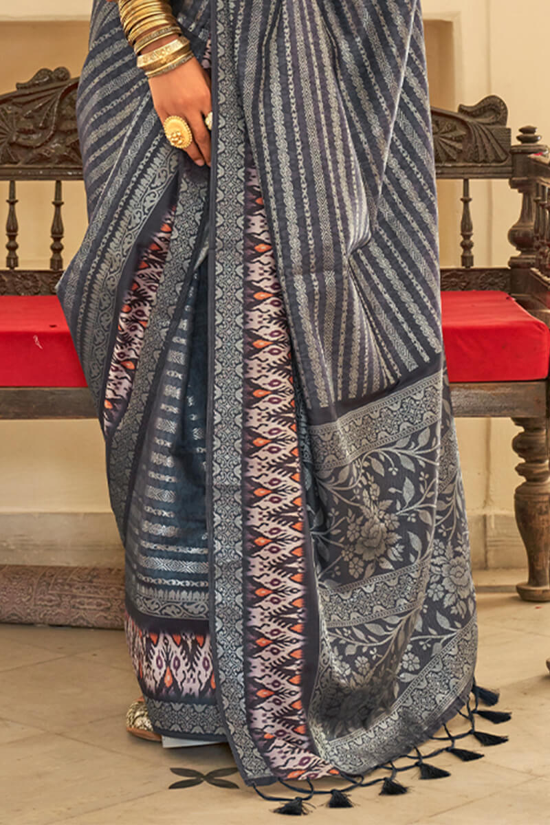 Fragrant Dark Grey Digital Printed Soft Silk Saree With Ravishing Blouse Piece - Image 3