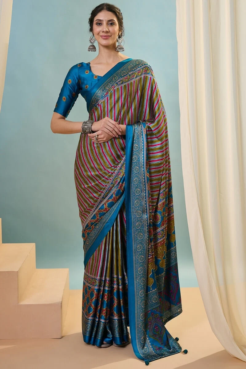 Fragrant Green Ajrakh Printed Semi Modal Silk Saree With Charismatic Blouse Piece