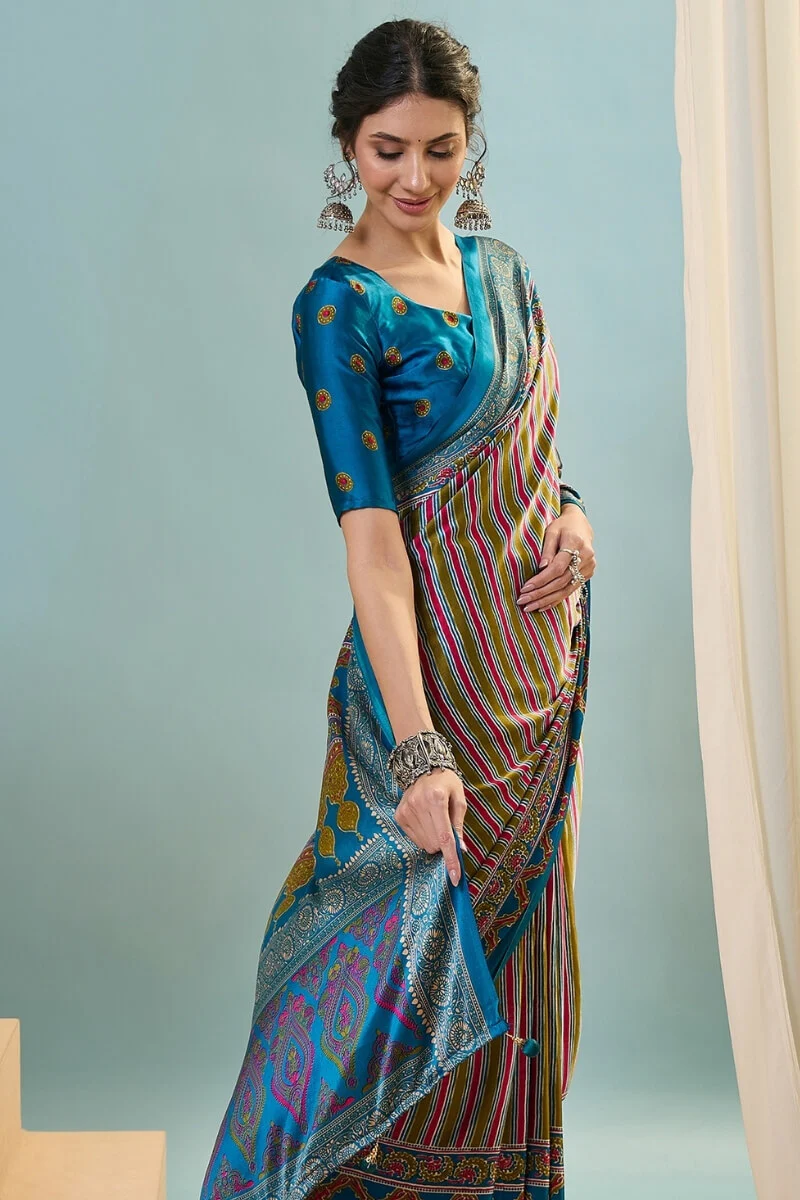 Fragrant Green Ajrakh Printed Semi Modal Silk Saree With Charismatic Blouse Piece - Image 3