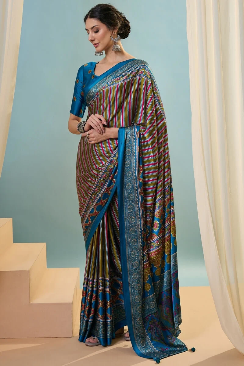 Fragrant Green Ajrakh Printed Semi Modal Silk Saree With Charismatic Blouse Piece - Image 5