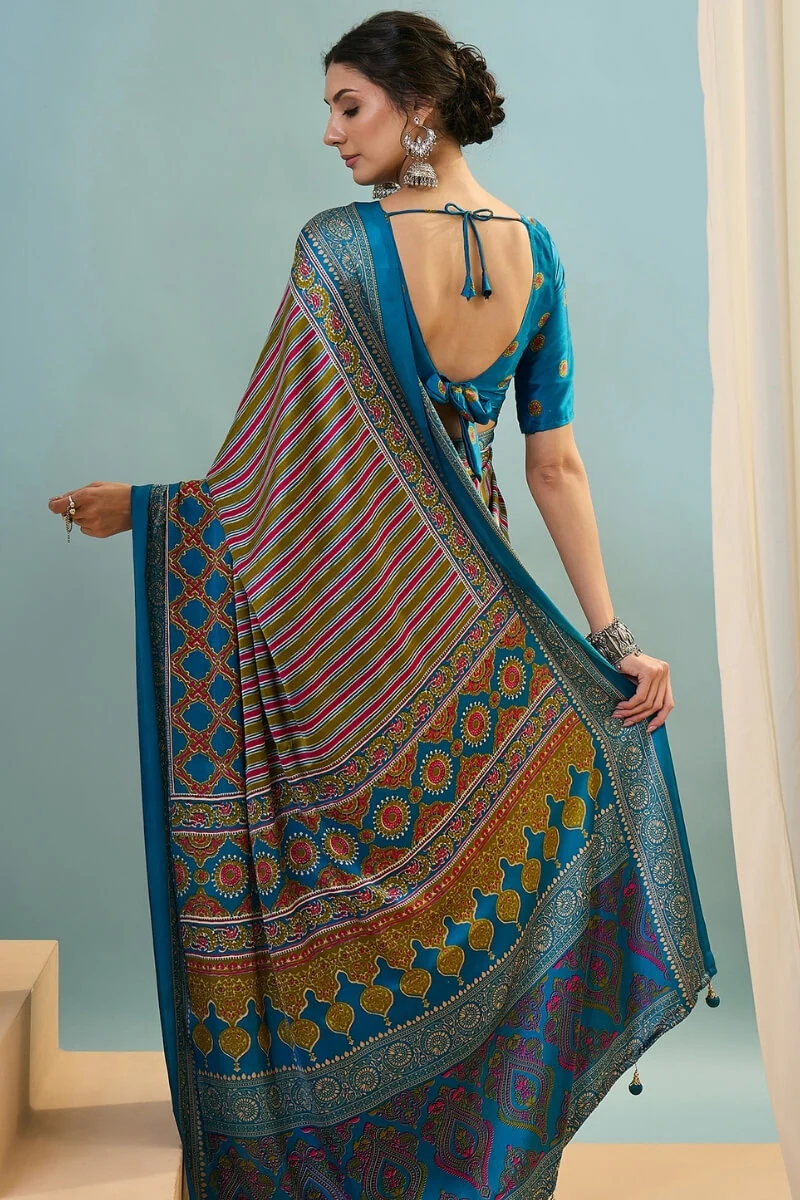 Fragrant Green Ajrakh Printed Semi Modal Silk Saree With Charismatic Blouse Piece - Image 7