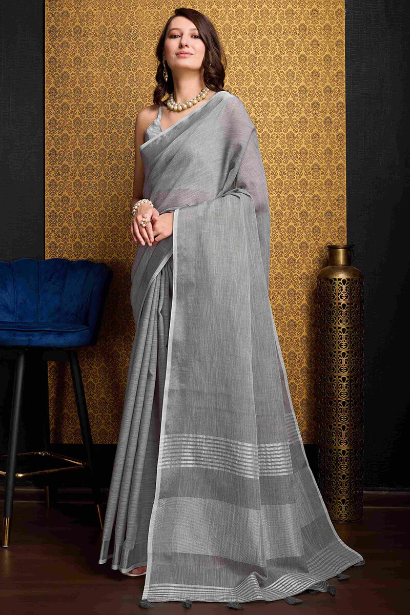 Fragrant Grey Cotton Silk Saree With Devastating Blouse Piece - Image 3