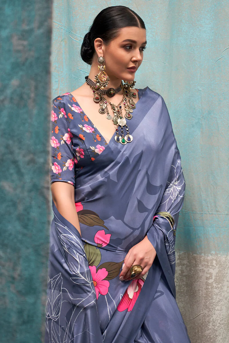 Fragrant Grey Digital Printed Crape Silk Saree With Glittering Blouse Piece - Image 2