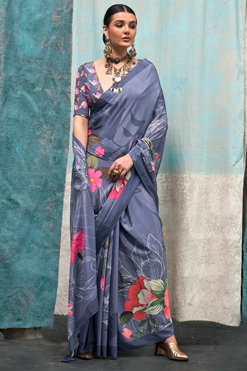 Fragrant Grey Digital Printed Crape Silk Saree With Glittering Blouse Piece - Image 3