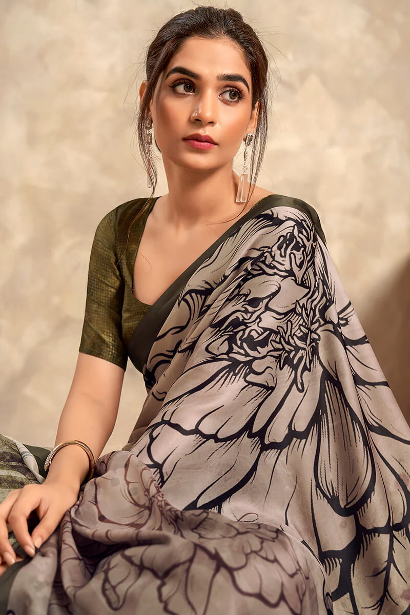 Fragrant Grey Digital Printed Soft Silk Saree With Woebegone Blouse Piece - Image 2