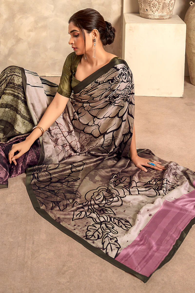 Fragrant Grey Digital Printed Soft Silk Saree With Woebegone Blouse Piece - Image 3