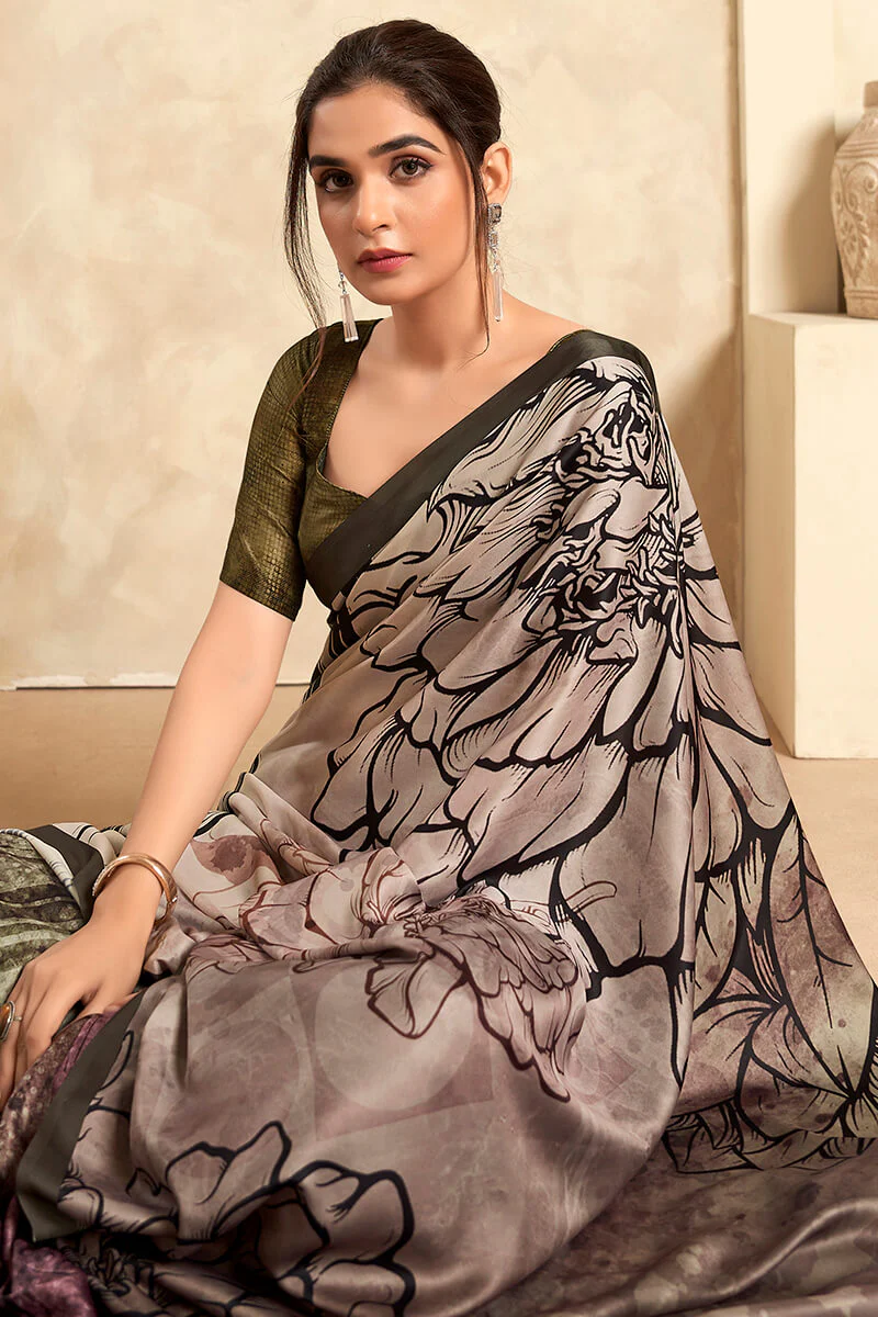 Fragrant Grey Digital Printed Soft Silk Saree With Woebegone Blouse Piece - Image 4