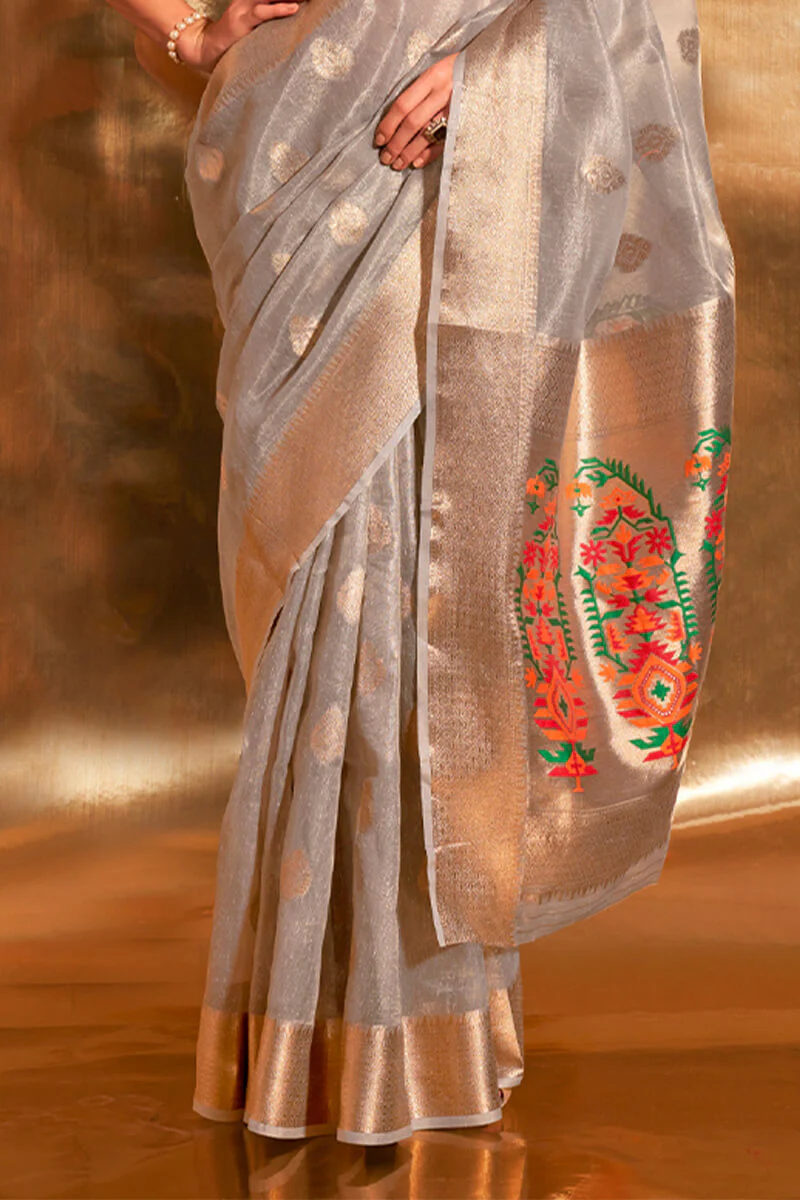 Fragrant Grey Paithani Silk Saree With Tremendous Blouse Piece - Image 3