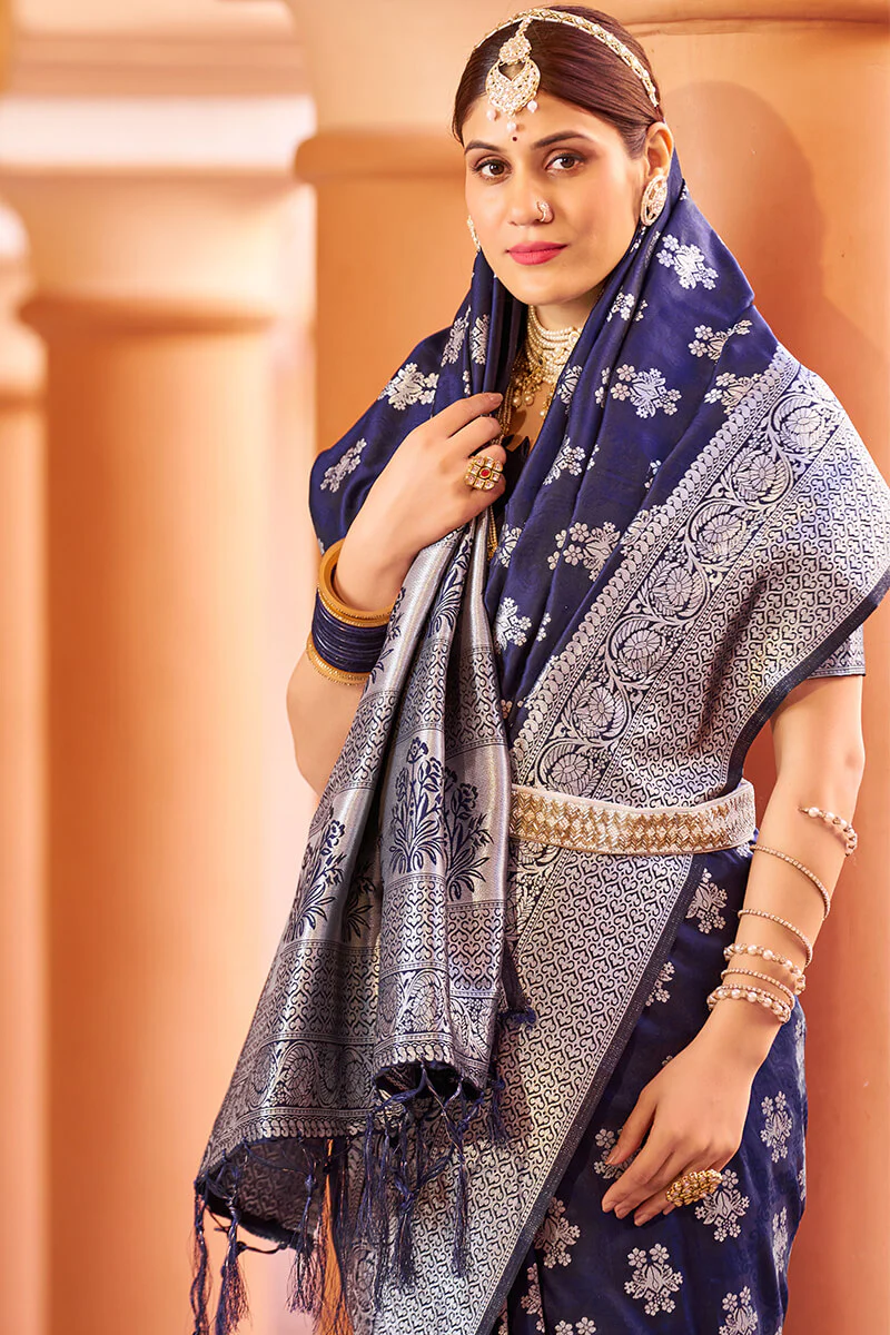 Fragrant Navy Blue Banarasi Silk Saree with Improbable Blouse Piece - Image 2