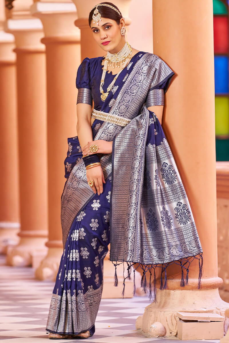 Fragrant Navy Blue Banarasi Silk Saree with Improbable Blouse Piece - Image 3