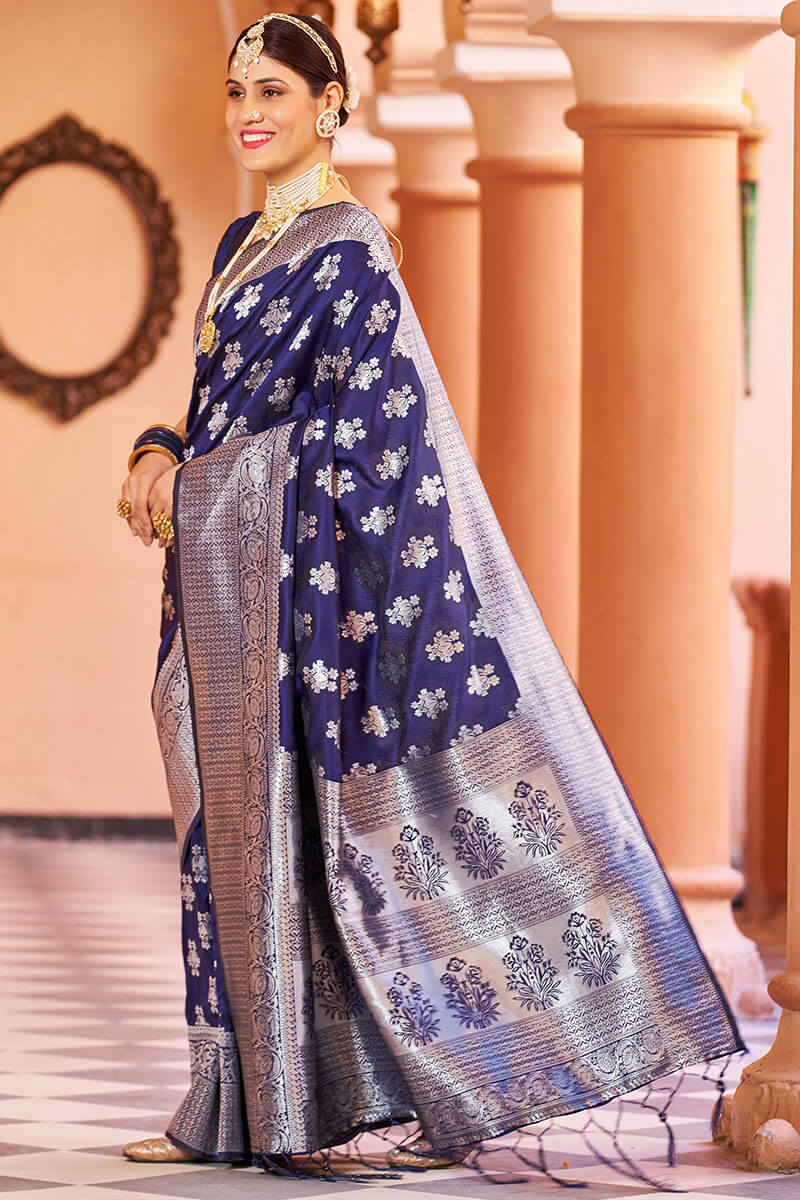 Fragrant Navy Blue Banarasi Silk Saree with Improbable Blouse Piece - Image 4