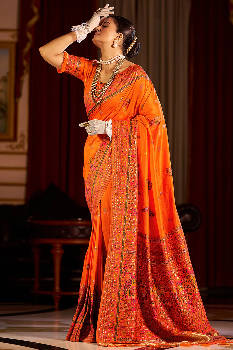Fragrant Orange Pashmina Saree With Wonderful Blouse Piece - Image 3