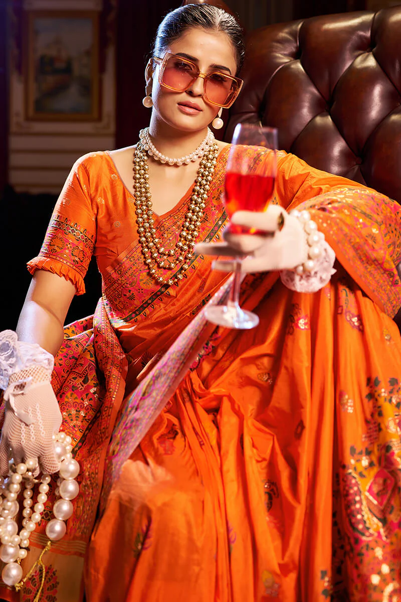 Fragrant Orange Pashmina Saree With Wonderful Blouse Piece - Image 6