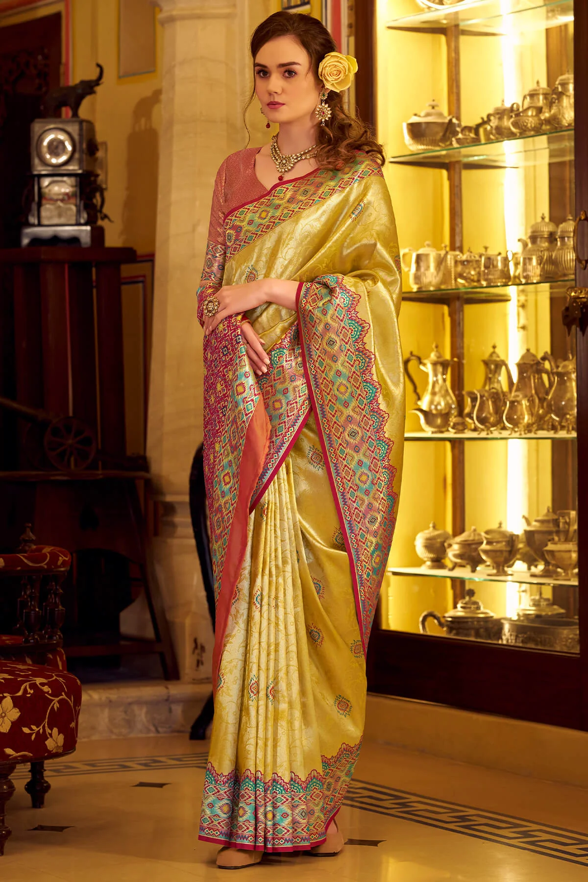 Fragrant Yellow Tissue Patola Silk Saree with Trendy Blouse Piece - Image 3