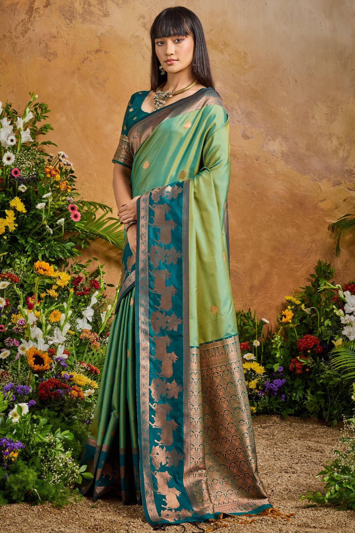 Fugacious Green Soft Banarasi Silk Saree With Unique Blouse Piece - Image 3