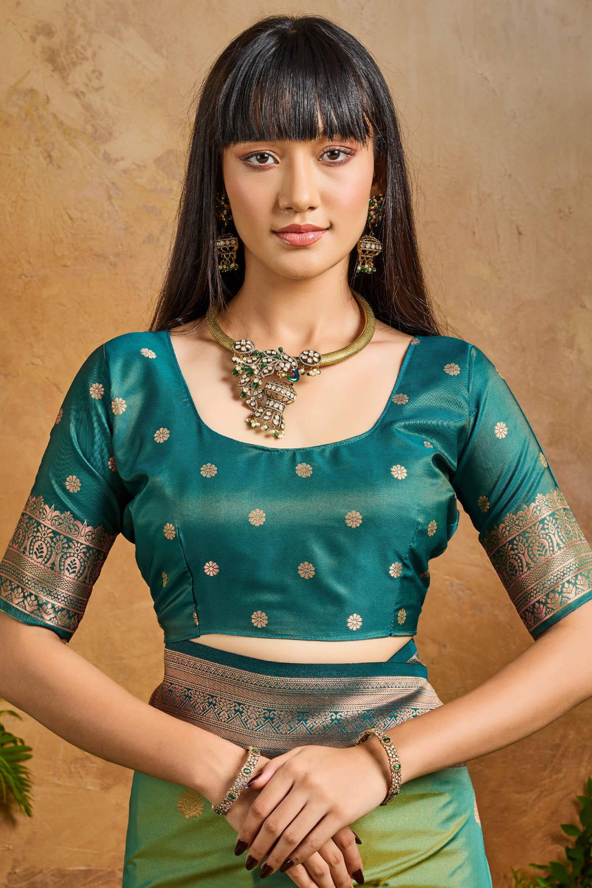 Fugacious Green Soft Banarasi Silk Saree With Unique Blouse Piece - Image 4