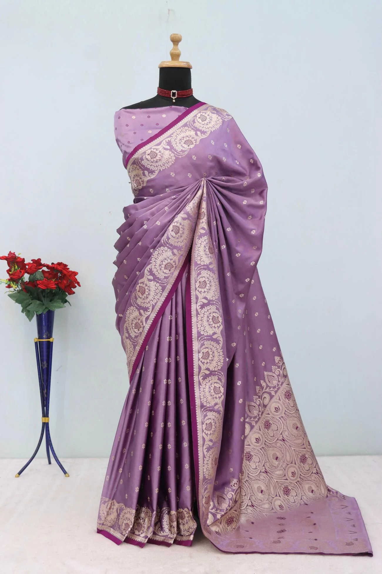 Fugacious Lavender Banarasi Satin Silk Saree With Gorgeous Blouse