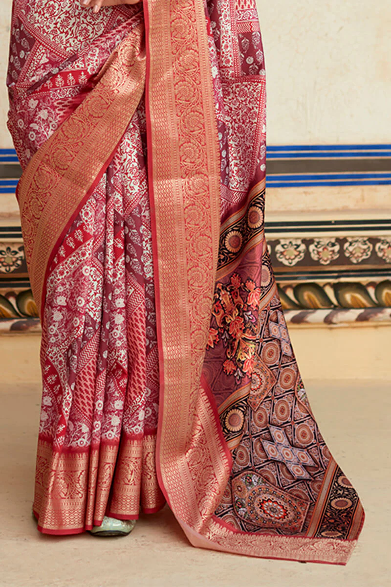 Fugacious Maroon Digital Printed Dola Silk Saree With Ebullience Blouse Piece - Image 3