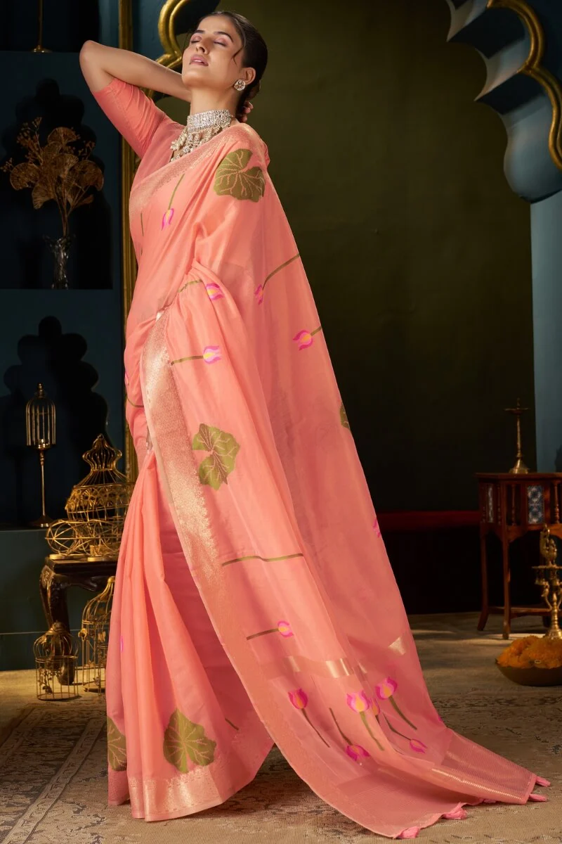 Fugacious Peach Cotton Silk Saree With Sophisticated Blouse Piece - Image 3