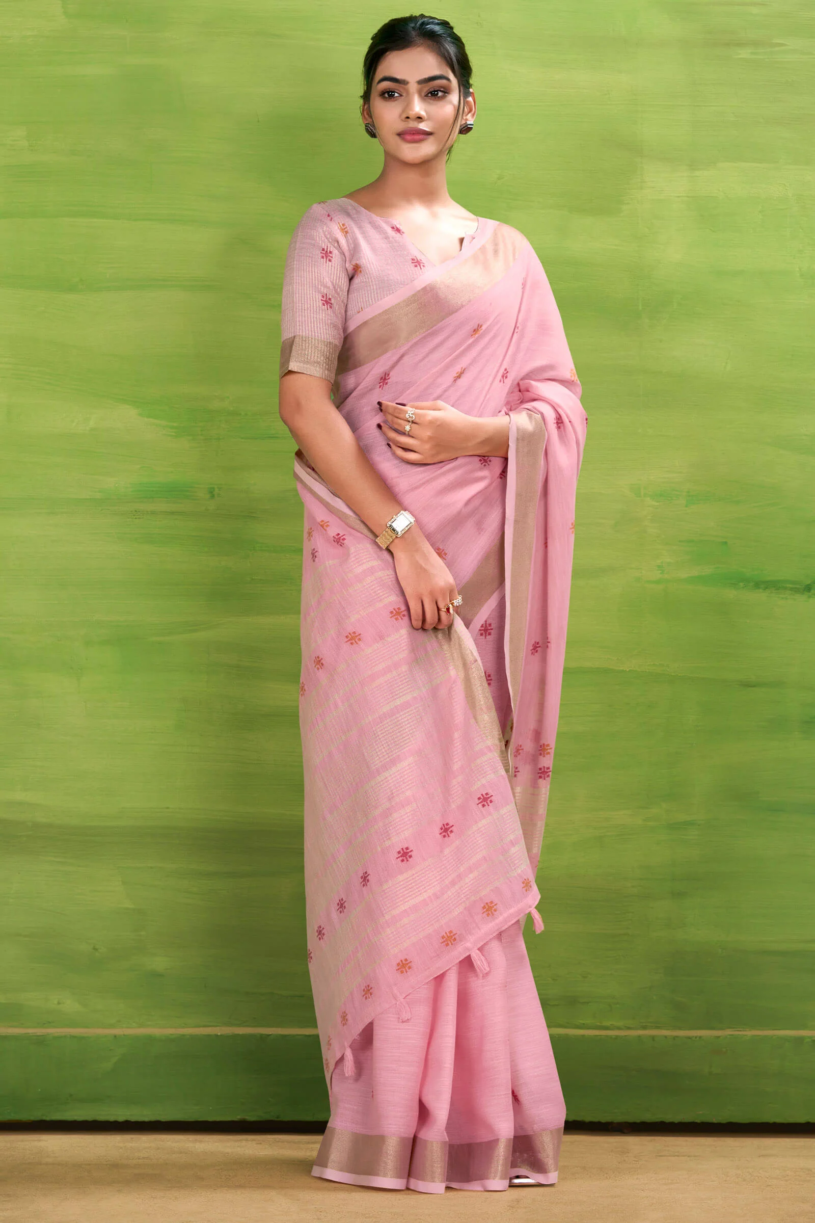 Fugacious Pink Cotton Silk Saree With Cynosure Blouse Piece - Image 3