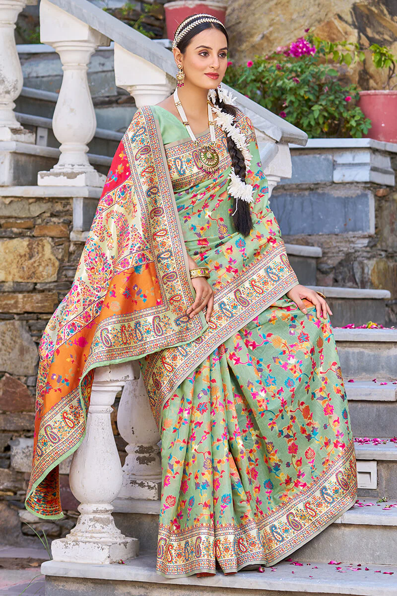 Fugacious Pista Pashmina saree With Efflorescence Blouse Piece - Image 5