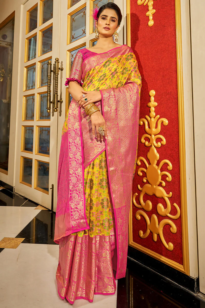 Fugacious Yellow Patola Silk Saree with Dalliance Blouse Piece - Image 3