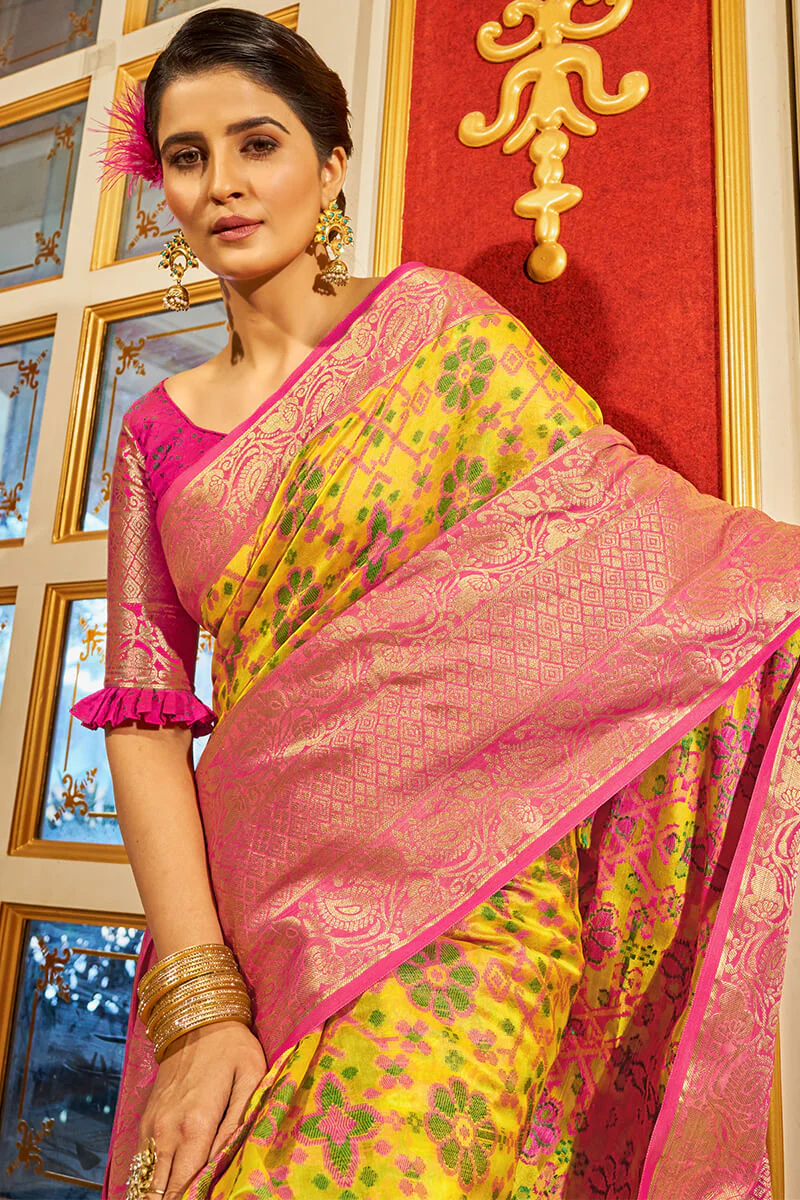 Fugacious Yellow Patola Silk Saree with Dalliance Blouse Piece - Image 4