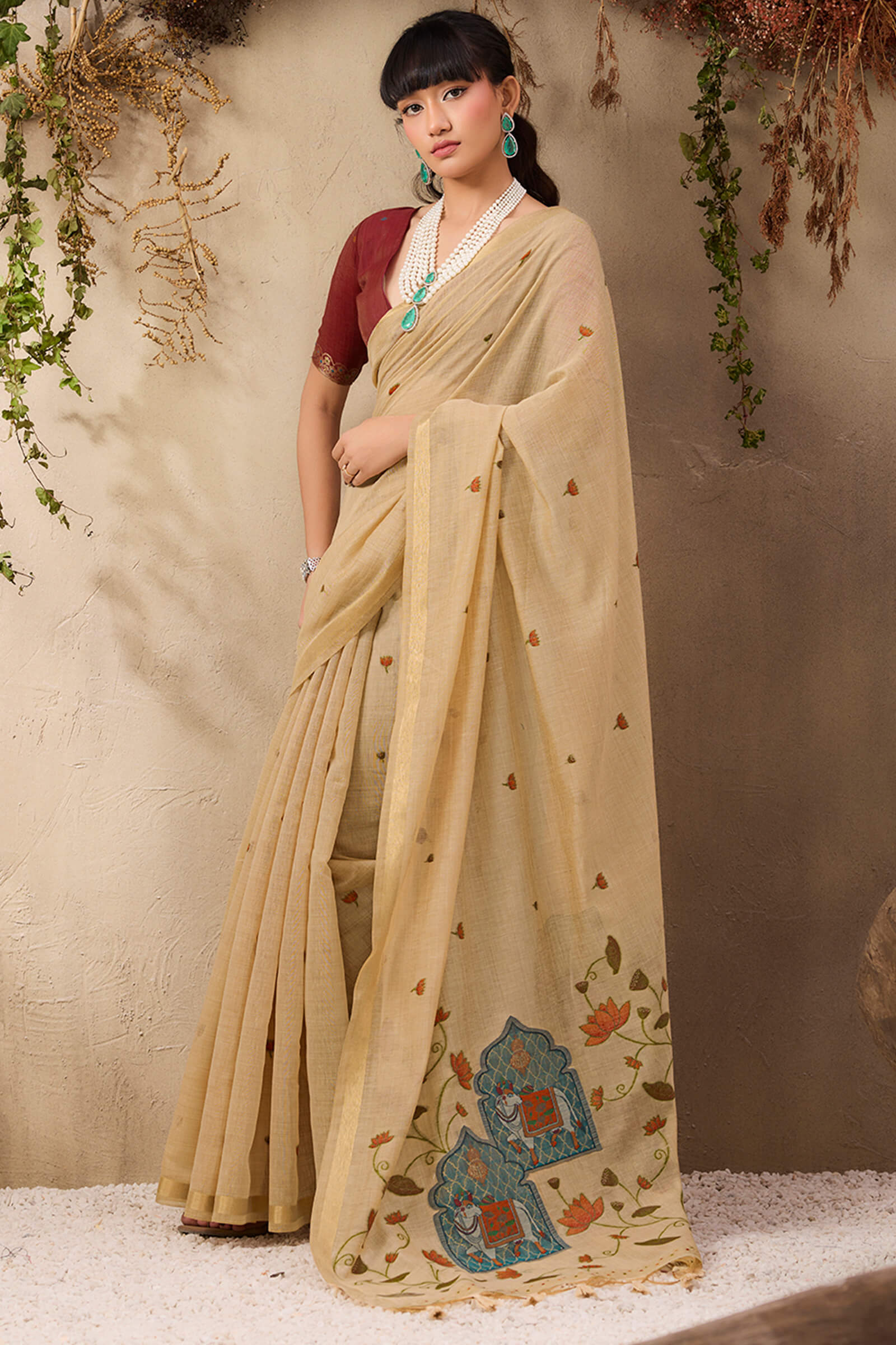 Girlish Beige Cotton Silk Saree With Serendipity Blouse Piece - Image 3