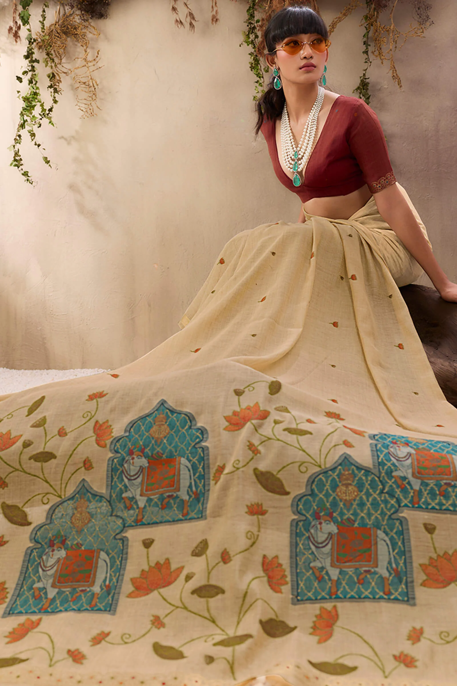 Girlish Beige Cotton Silk Saree With Serendipity Blouse Piece - Image 6